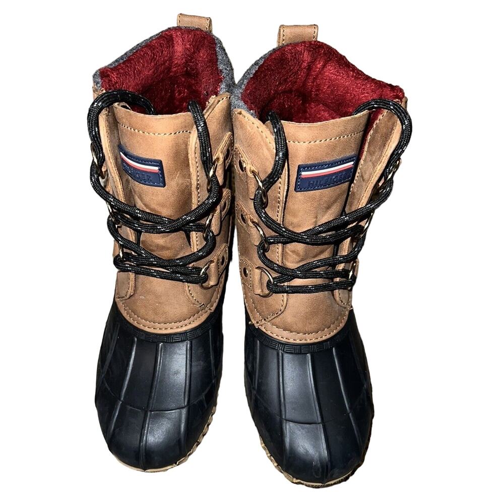 Tommy Hilfiger Womens Duck Boots Size 7 M Brown Faux Fur Lined Red Lace Up